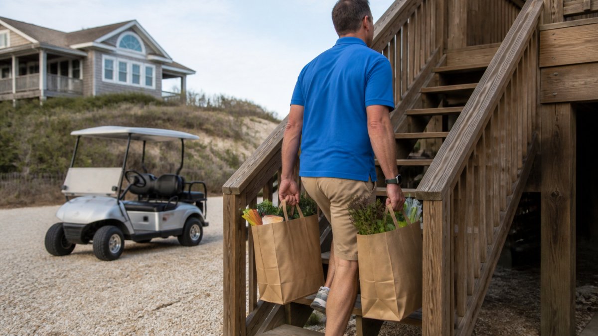 A delivery driver in a polo shirt carrying paper grocery bags up the wooden steps of a raised beach rental house, with a golf cart and sandy driveway visible in the background