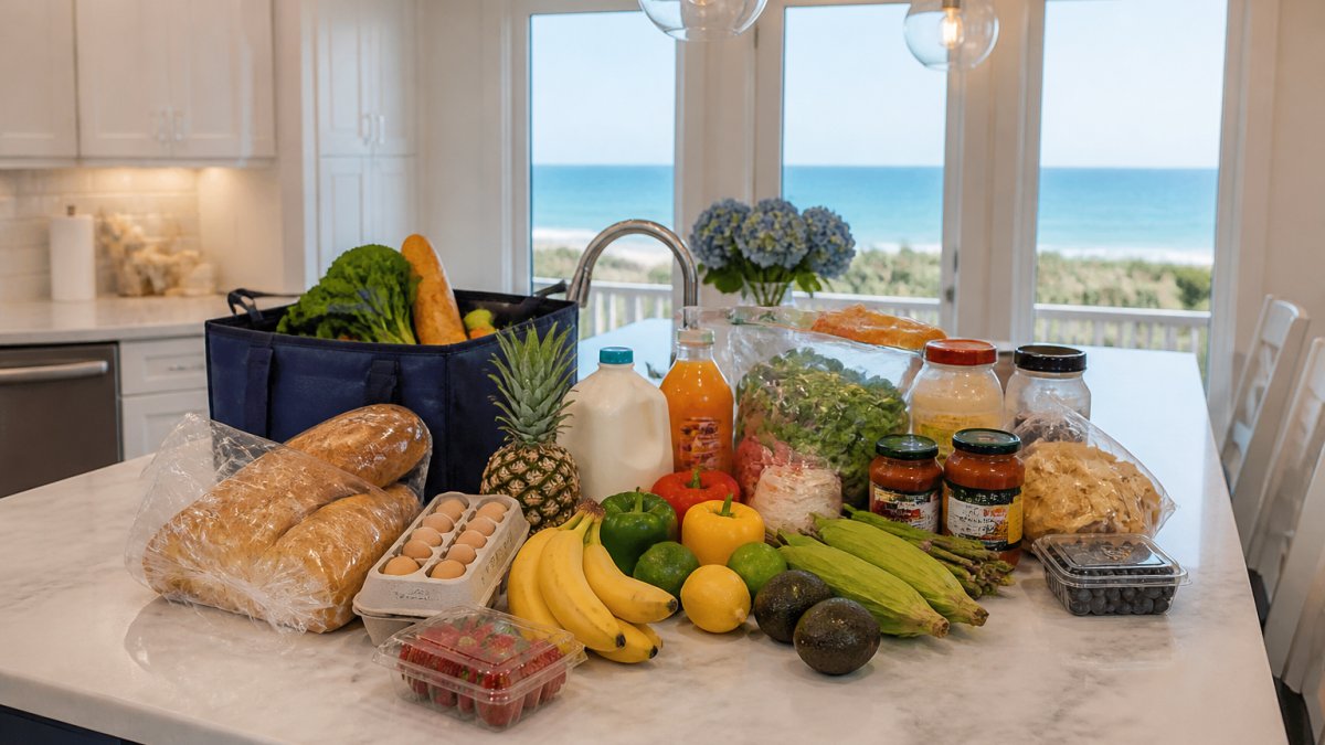 A bright vacation rental kitchen with fresh groceries arranged on the counter, including produce, bread, and pantry staples, with a beach view through the window