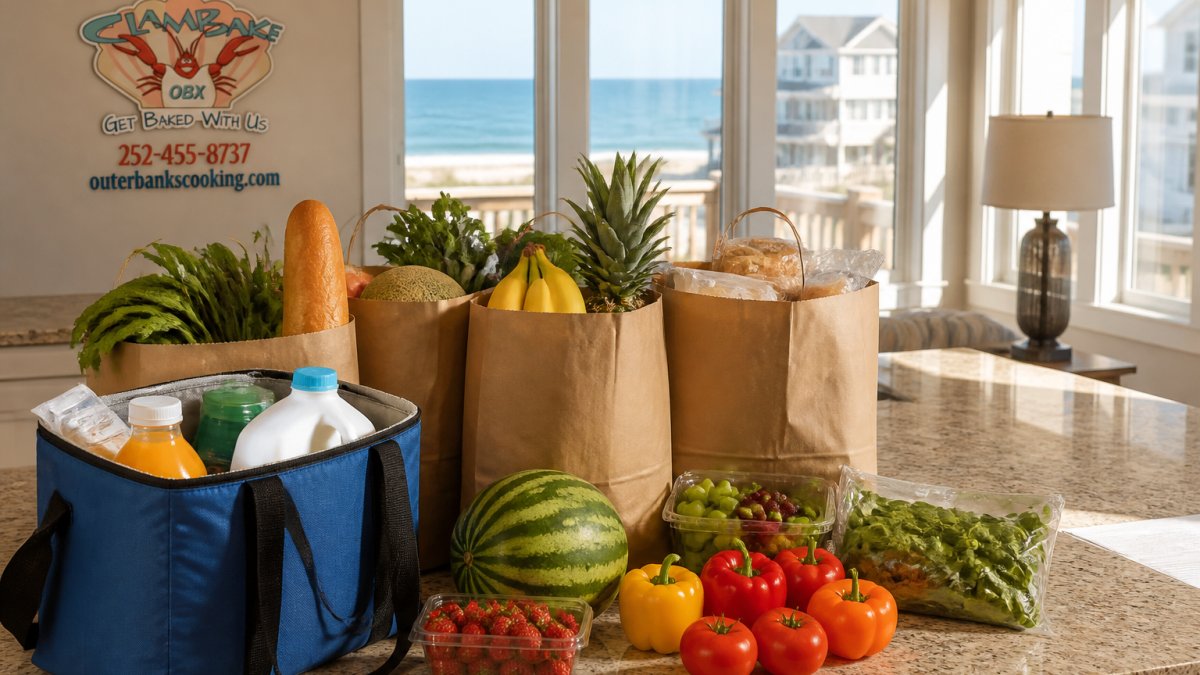 Kitchen counter in a Corolla vacation home pre-stocked with fresh produce for grocery delivery to corolla vacation homes