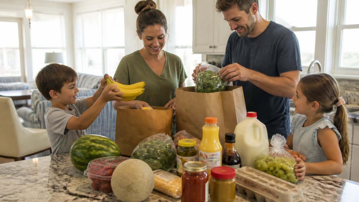 Family unpacking fresh food for a grocery delivery vacation in a bright, sunlit rental kitchen.