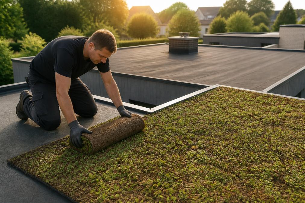 Vakman rolt een sedummat uit voor een groen dak naast een traditioneel bitumineus dak op een woning.