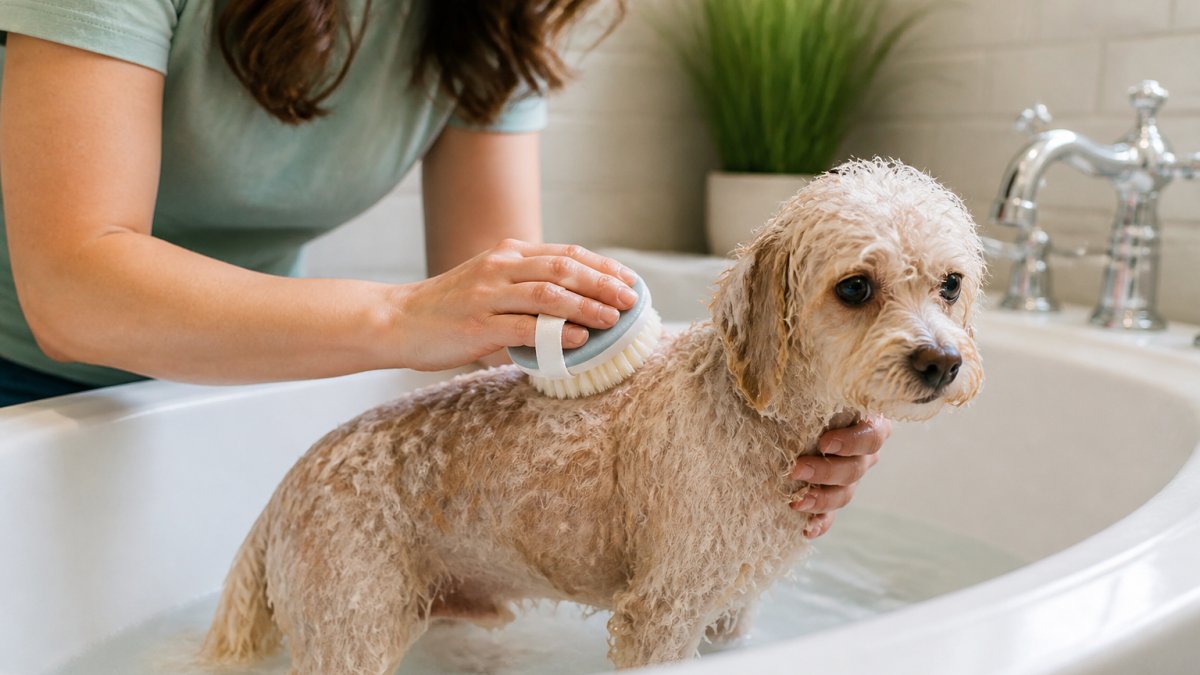 Dog owner gently bathing a small dog with sensitive skin using a soft brush and warm water, hands showing proper gentle technique and careful handling in a home bathroom setting with natural lighting