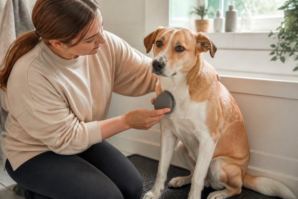 Person gently brushing an anxious dog's tan and white coat with a soft silicone brush while the dog sits calmly on a grooming mat, showing relaxed ears and soft eyes in a bright home bathroom with natural window lighting