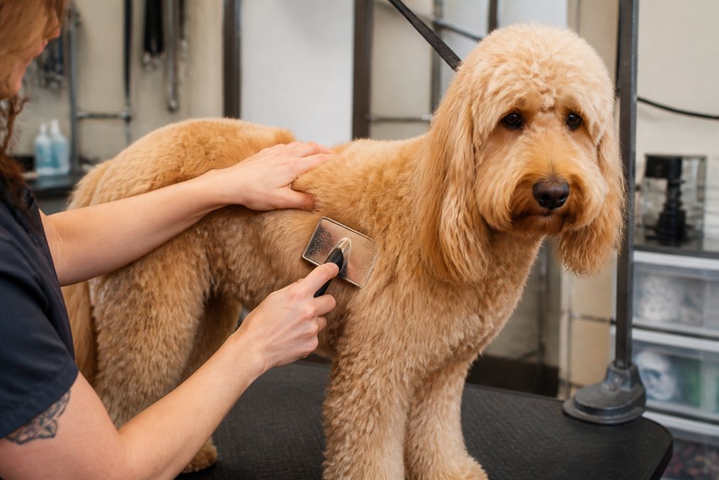 Step-by-step guide on line brushing a Goldendoodle to support quality grooming services for doodle breeds