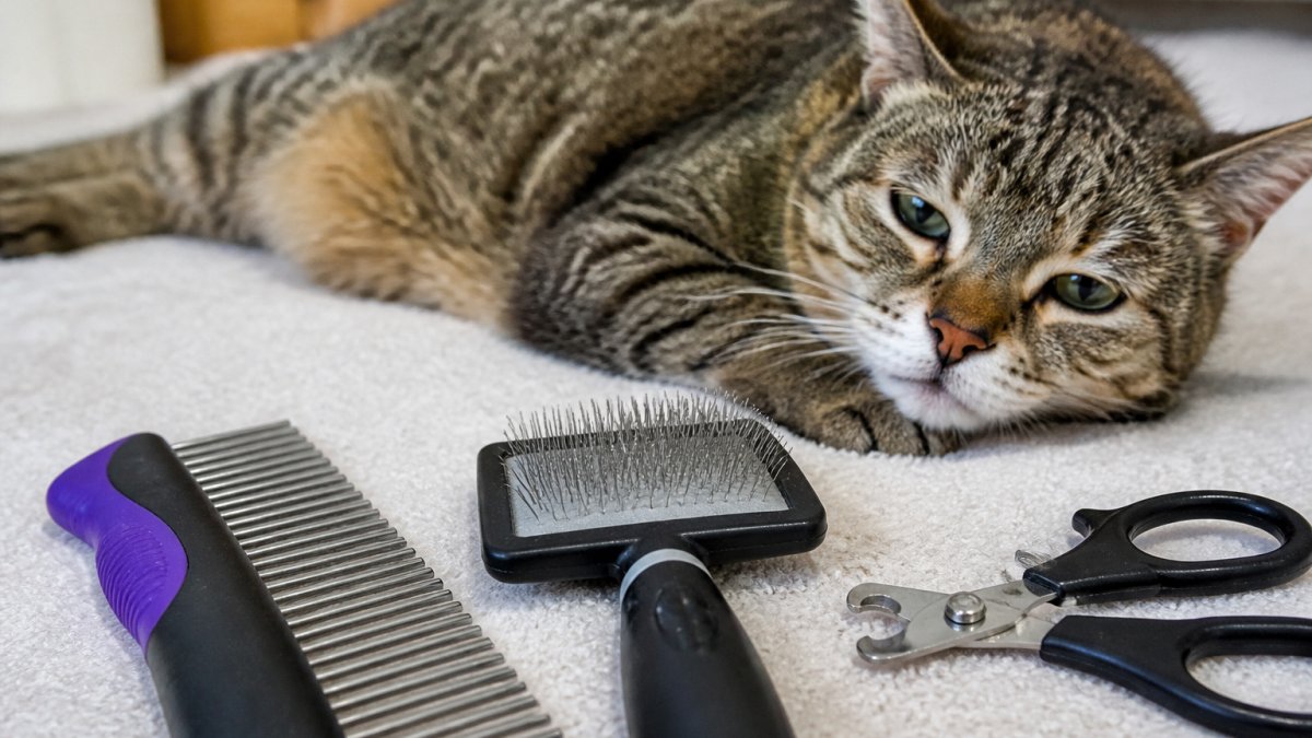 Close-up of professional grooming tools arranged on a soft surface including a wide-tooth comb, slicker brush, and stainless steel nail clippers, with an elderly tabby cat resting nearby