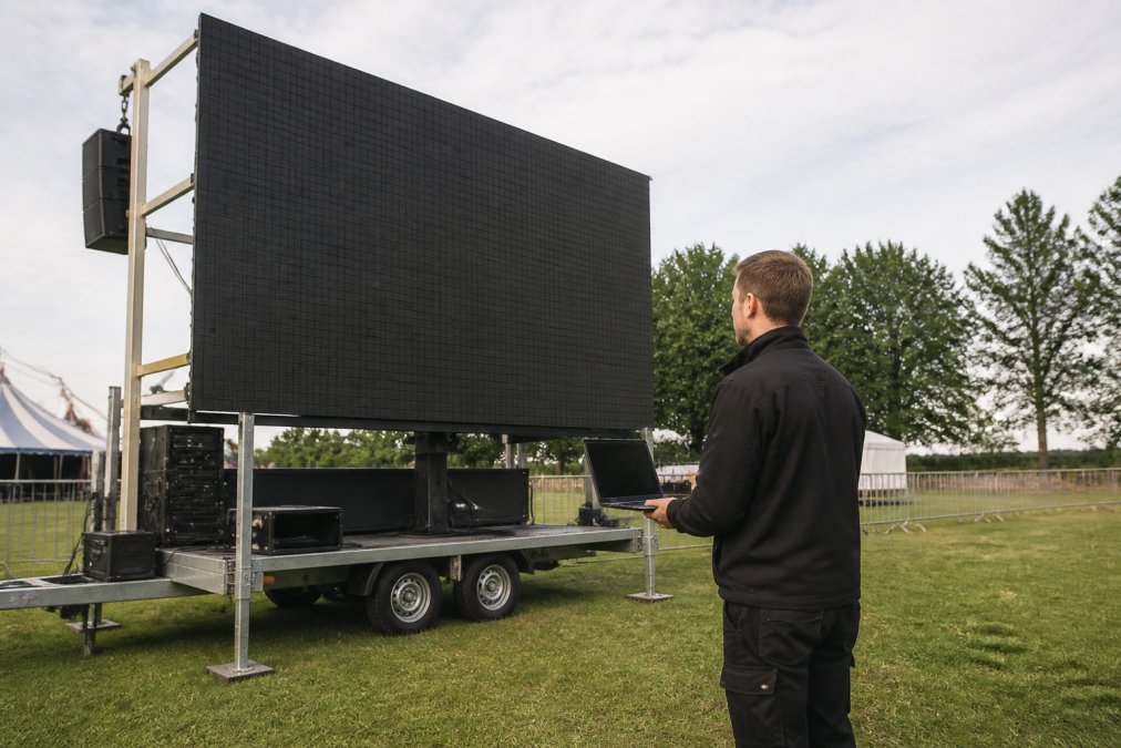 Professionele LED-aanhangwagen met scherm op outdoor evenementlocatie, technicus controleert beeldkwaliteit onder daglicht