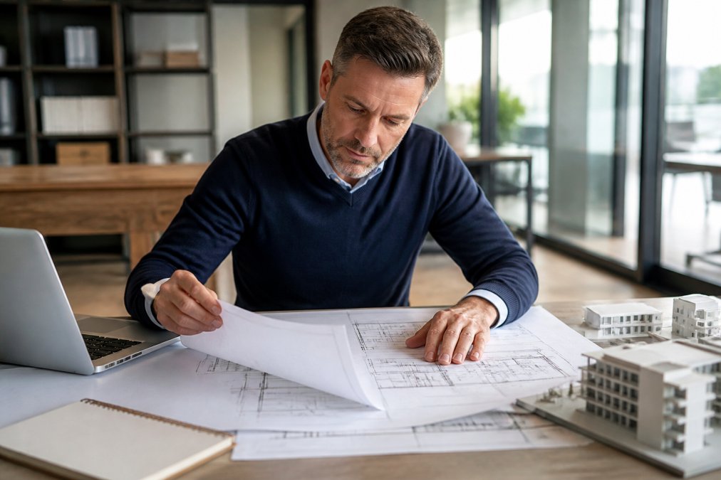 Professional real estate developer reviewing architectural blueprints and construction plans on a desk with laptop and building models, showing the planning phase of ground up construction project