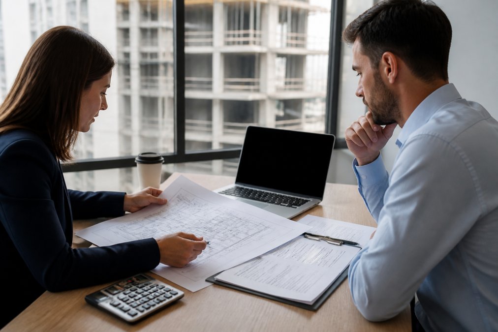Professionals reviewing financial documents and blueprints for a ground up construction project in an office