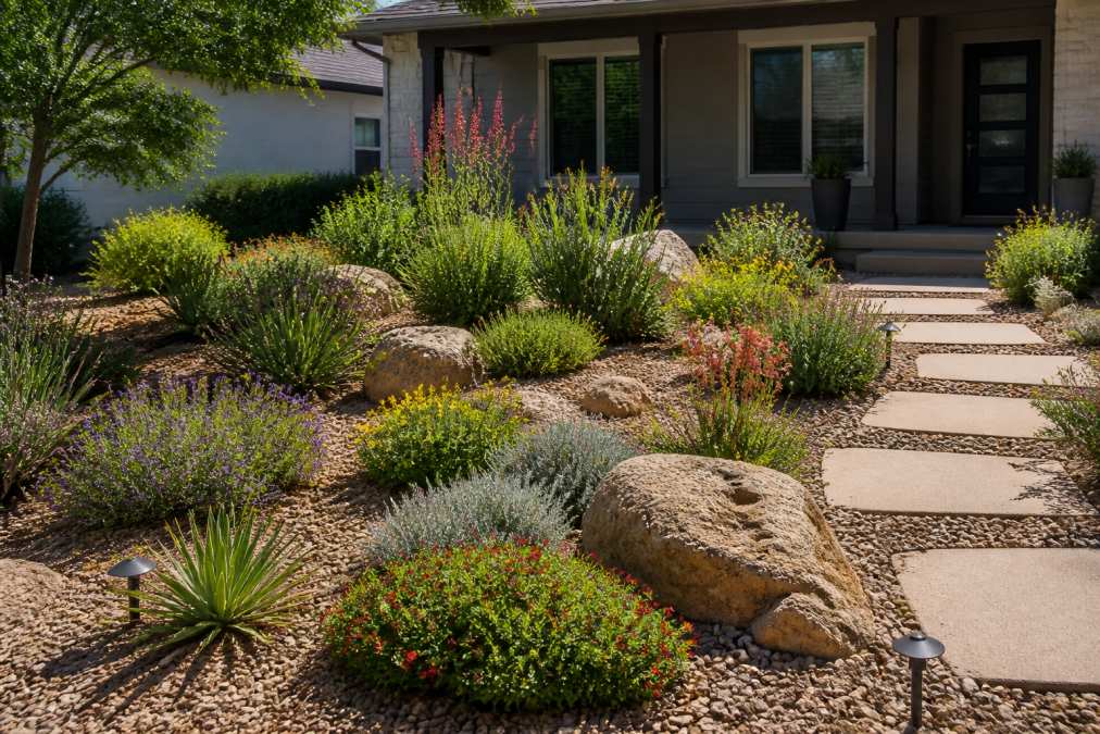 Infographic diagram showing layered native plants and boulders as grounded landscaping alternatives for lush xeriscapes.