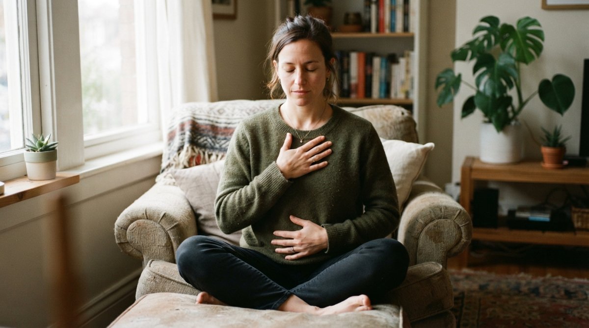 Person sitting peacefully in a comfortable indoor space, hands placed gently on their body, eyes closed in a moment of self-awareness and presence