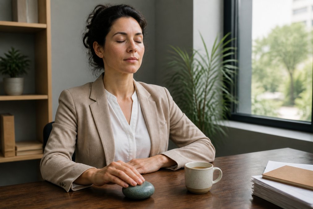 Professional sitting at a desk practicing grounding techniques with a smooth stone and warm tea.