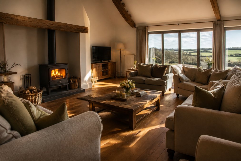 Spacious open-plan living area with comfortable seating arranged for a large group, warm light from a log burner casting shadows across wooden floors, countryside views through large windows, neutral modern décor with quality furnishings