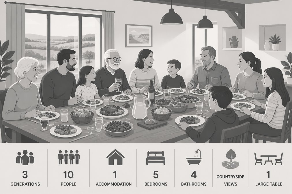 Multi-generational family group gathered around a large wooden dining table, enjoying a meal together with natural light streaming through windows, relaxed atmosphere with people of different ages smiling and conversing