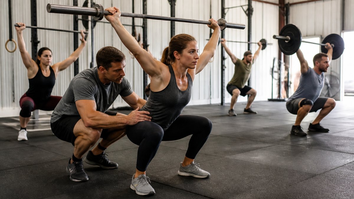 Coach providing form correction during group classes personalized coaching in a bright CrossFit gym setting