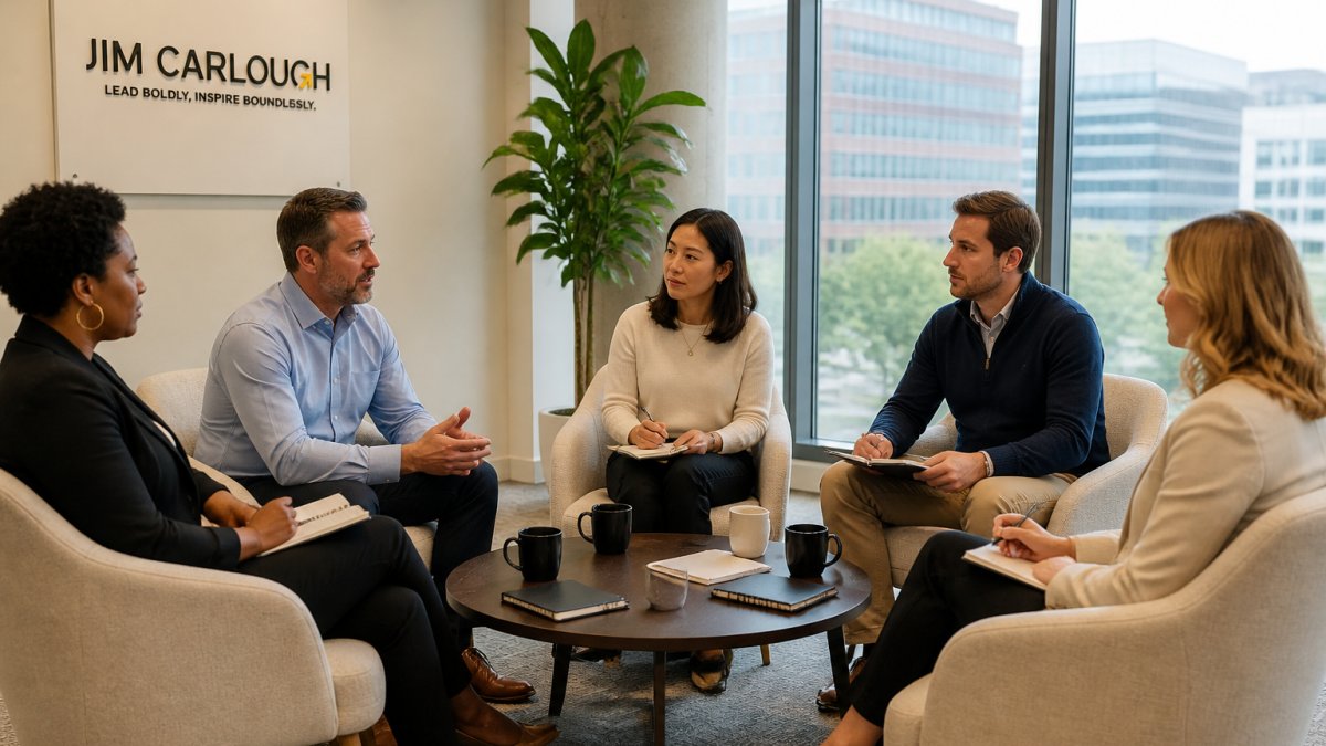 Diagram comparing group coaching and one-on-one mentorship dynamics in a professional boardroom setting