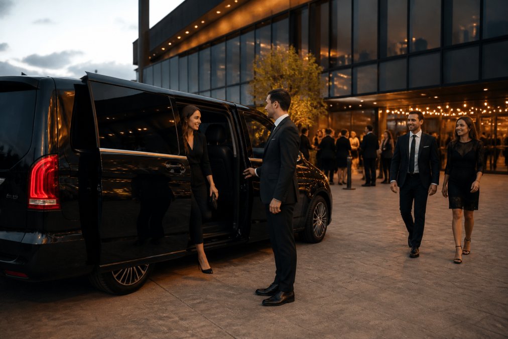 A sleek, dark-coloured luxury van parked outside a modern event venue at dusk, with a professionally dressed chauffeur in a dark suit standing by the open rear passenger door, warm venue lighting reflecting on the vehicle's polished surface