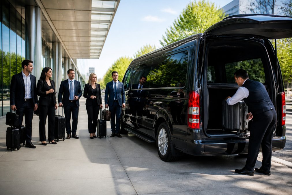 A group of five business professionals in smart business attire boarding a premium dark minibus outside a glass-fronted corporate office building, with a uniformed chauffeur loading luggage into the rear storage compartment under bright morning light