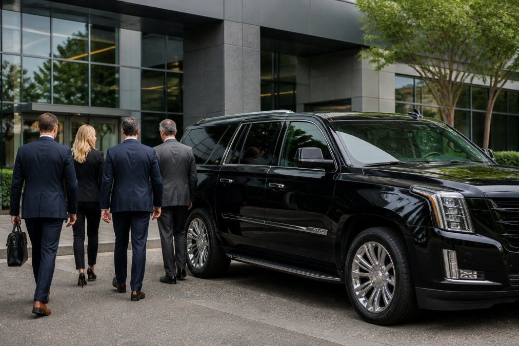 Luxury black SUV parked outside modern corporate office building with business professionals in suits approaching the vehicle in bright daylight