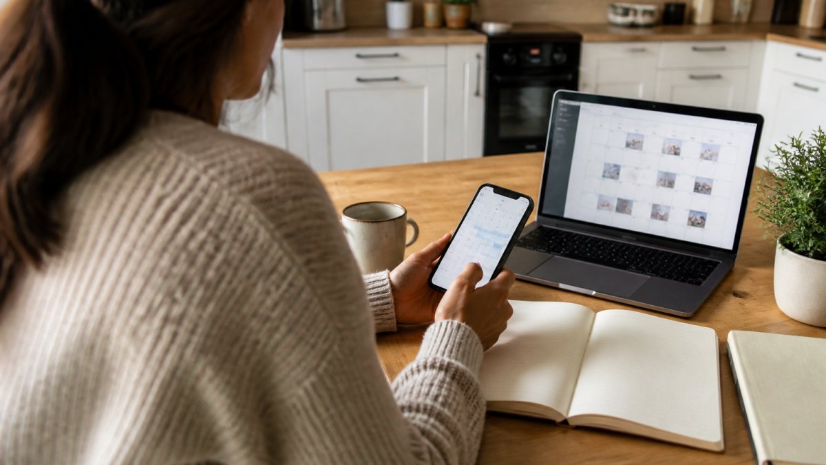 A woman at a tidy kitchen table scheduling Instagram posts on her smartphone, with a notebook, coffee mug, and laptop showing a content calendar nearby