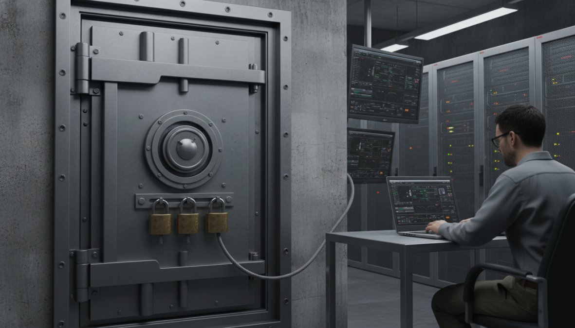 A cybersecurity professional in a dark server room reviewing strategy documents on a laptop, with multiple screens displaying network monitoring dashboards and threat alert interfaces illuminated in blue light behind them