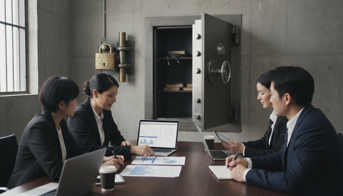A small team of marketing and security professionals collaborating around a conference table covered with printed threat reports and open laptops showing analytics dashboards, in a bright modern office with glass walls