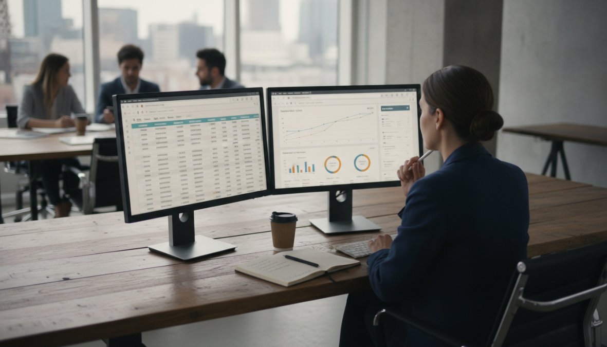 Marketing professional reviewing analytics on dual-monitor setup showing keyword rankings on one screen and organic traffic metrics on another in modern office with natural lighting