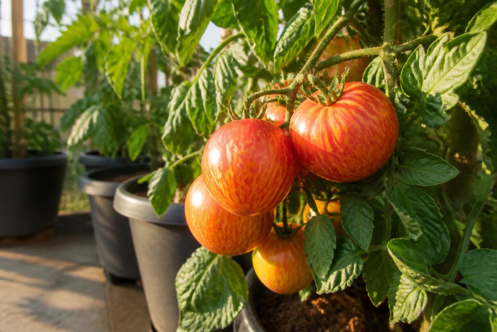 Close-up of ripe striped tomatoes in vibrant red and yellow patterns hanging on a healthy container plant with lush green foliage, showing the distinctive color variations and medium fruit size in afternoon sunlight
