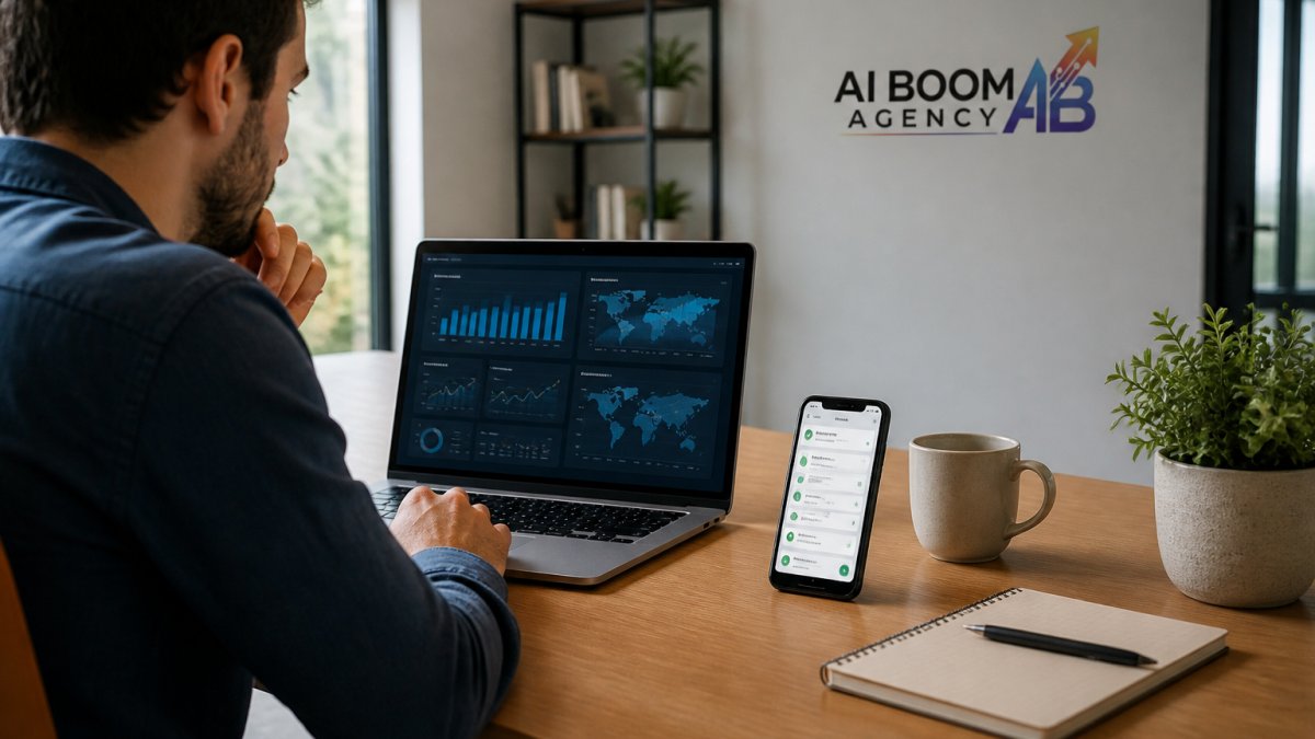 Small business owner at desk reviewing analytics on laptop with smartphone showing automated booking confirmations nearby, bright natural office lighting, representing balance between automation and time efficiency