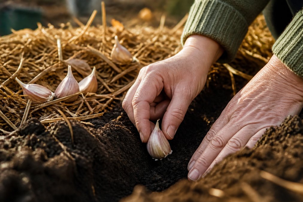 Close-up of a gardener's hands pressing a single garlic clove, pointed end up, into dark, richly composted garden bed soil, with loose straw mulch visible in the background and warm autumn light