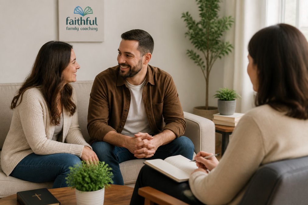 A Christian couple sitting together in a comfortable coaching session, having an open conversation with warmth and trust visible between them, natural lighting in a peaceful office setting