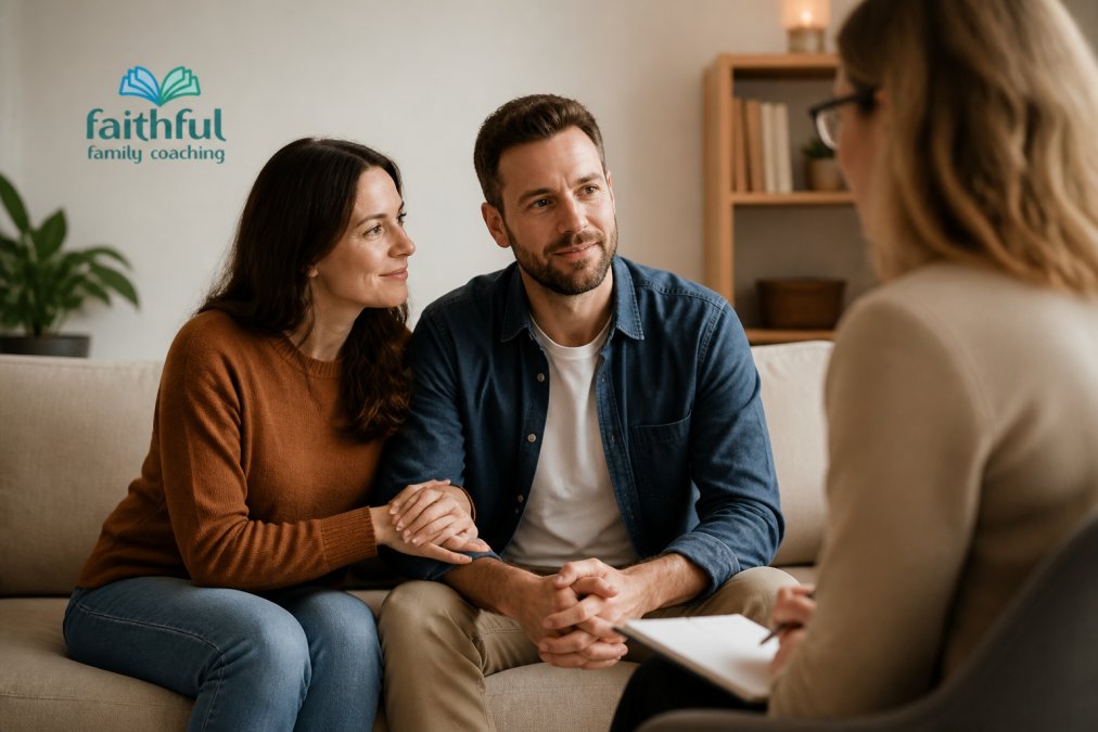 Couple sitting together in warm, natural light during a counseling session, both engaged and leaning slightly toward each other, showing openness and connection