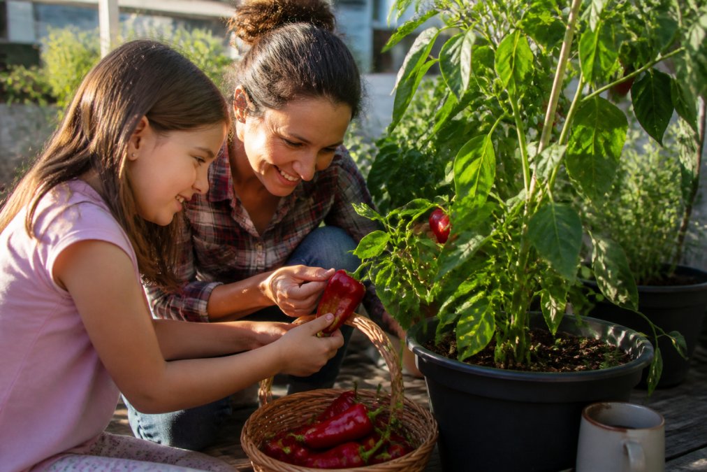 Children's hands picking ripe red peppers from a container plant in bright sunlight, examining the harvest together and smiling
