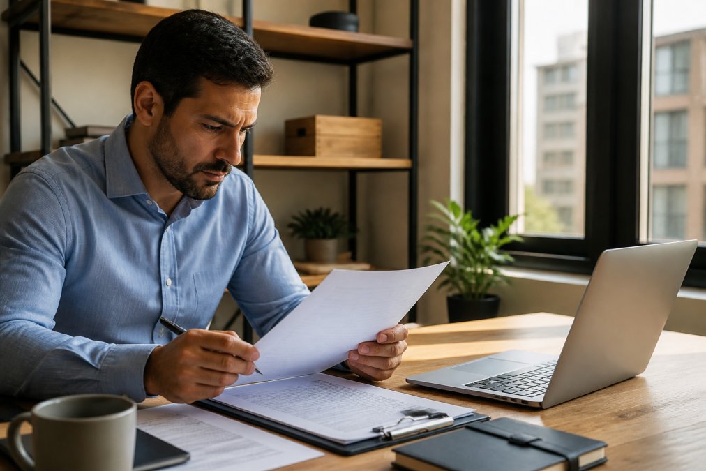 A business owner reviewing loan documents at a desk with a laptop showing a comparison spreadsheet, natural light from an office window
