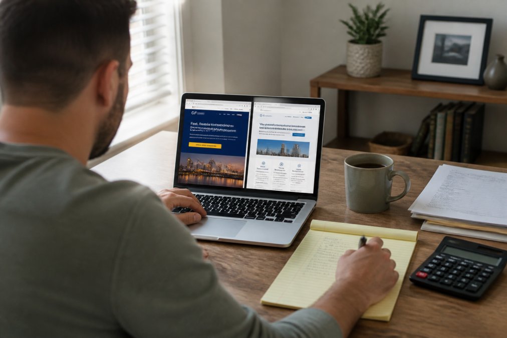 A business owner at a desk comparing two lender websites on a laptop, with a notepad and calculator nearby, in a modest home office setting