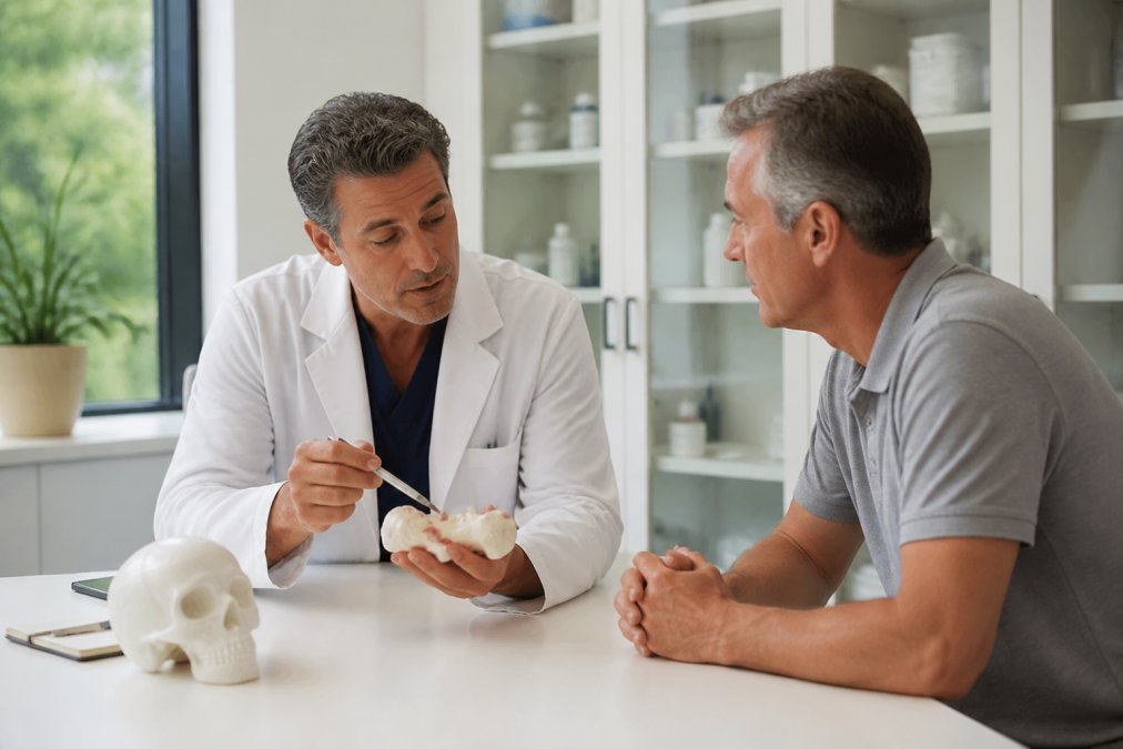 A doctor in a white coat explaining a treatment plan to a middle-aged patient in a bright, modern clinic consultation room, pointing to a tablet screen