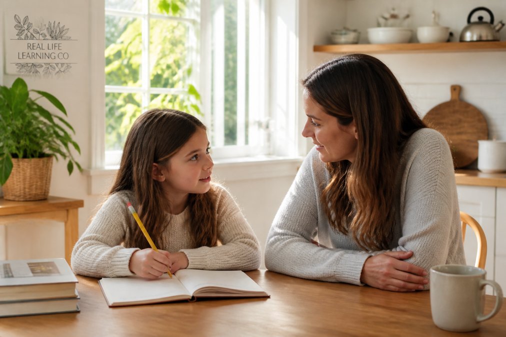 Parent and child sitting at kitchen table together, child holding pencil over open journal, both looking engaged in conversation about effort and learning, natural morning light coming through window