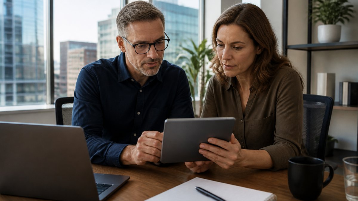A business owner and an operations manager reviewing a printed comparison sheet on a tablet in a bright office, laptop and notepad on the desk, natural window light