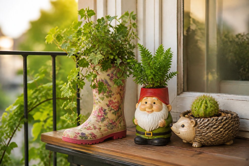 A bright urban balcony styled with a floral welly boot planter holding trailing ivy, a cheerful gnome self-watering pot with a small fern, and a hedgehog planter bowl with a cactus resting on a wooden windowsill ledge, soft afternoon light