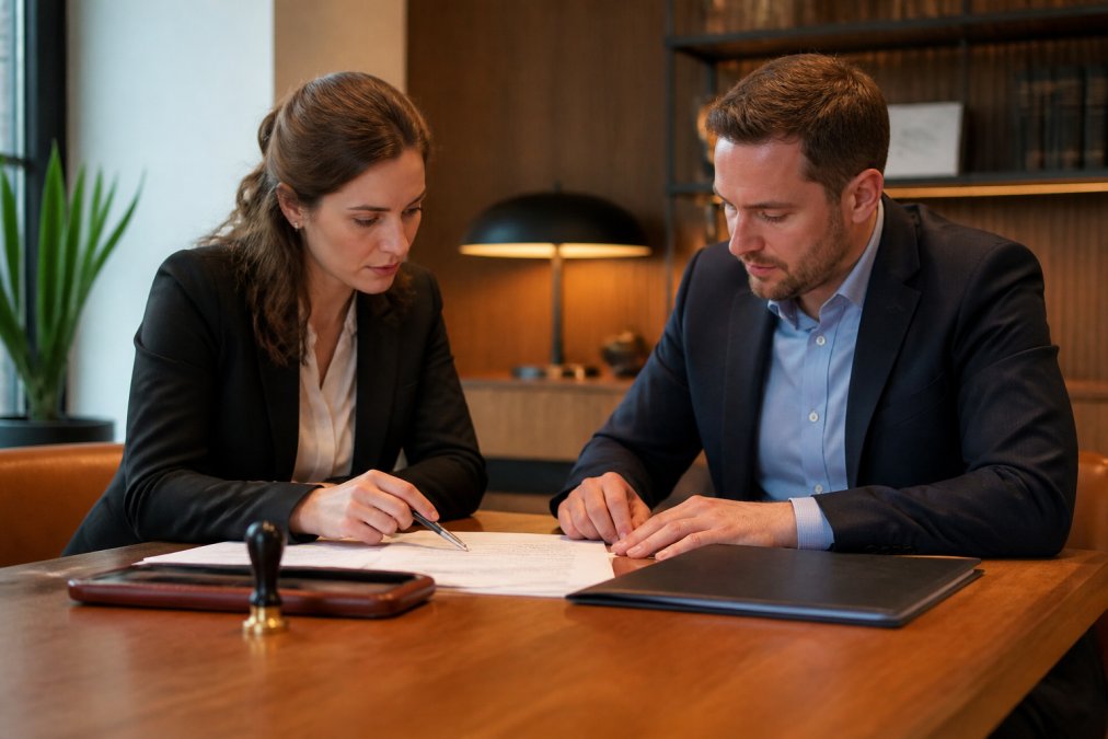 Zwei Personen in einem modernen Besprechungsraum, die gemeinsam Dokumente auf einem Tisch durchgehen; ein Notar-Stempel und Vertragsunterlagen liegen sichtbar vor ihnen, warmes Bürolicht, professionelle Atmosphäre