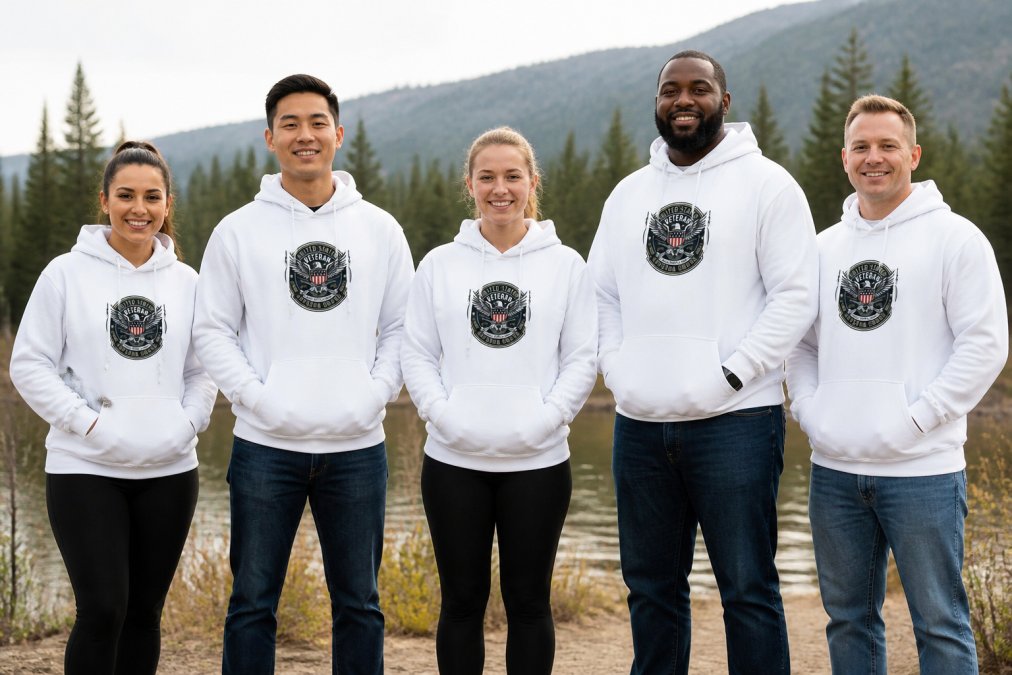 Group of people with different body types wearing unisex patriotic hoodies, demonstrating varied fits across different frames in natural outdoor lighting