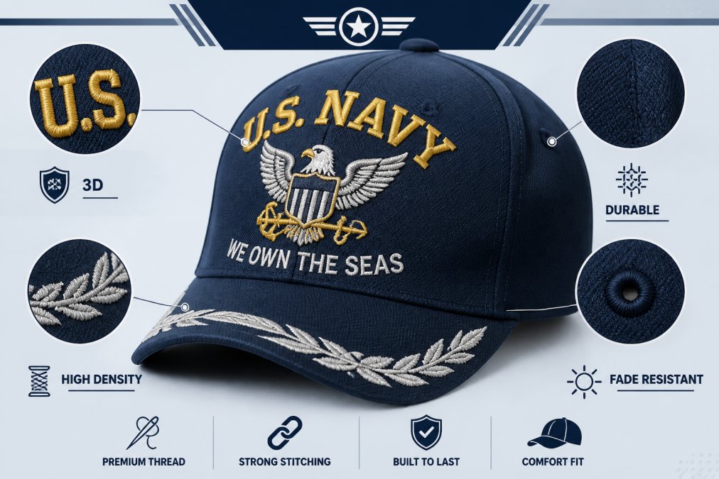 Close-up of high-definition embroidered military cap showing detailed stitching, thread quality, and embroidery durability with clear insignia detail