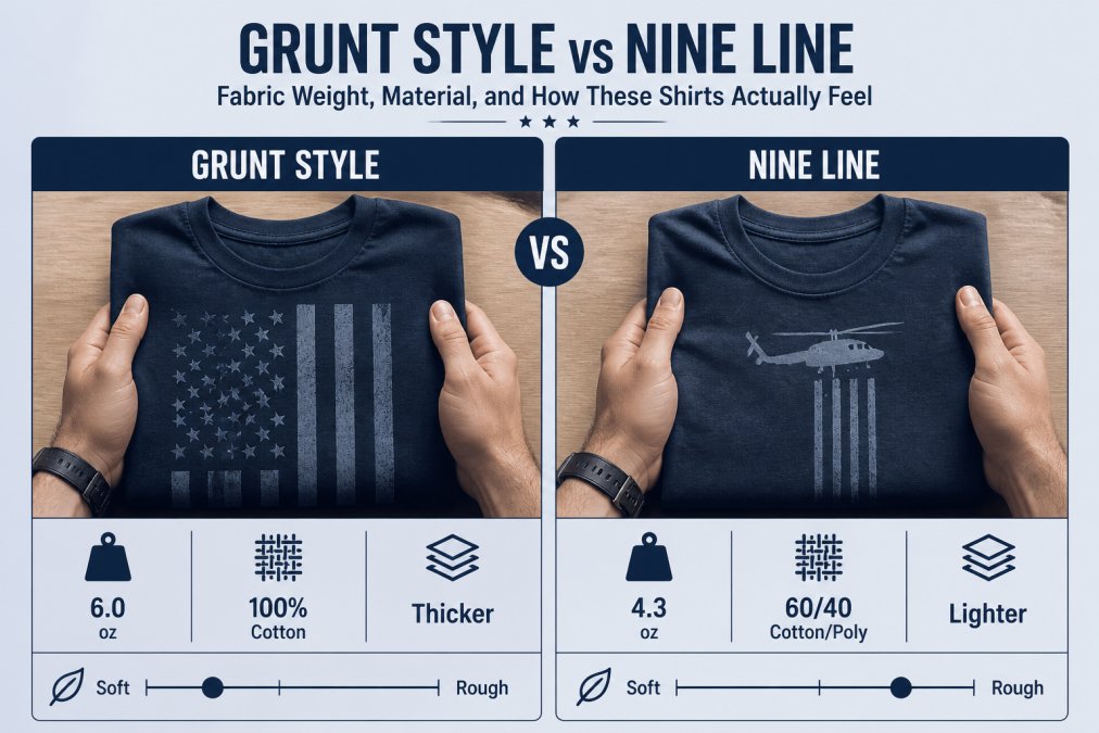 Close-up of hands holding two folded graphic t-shirts side by side on a wood table, showing fabric texture and print detail under natural light