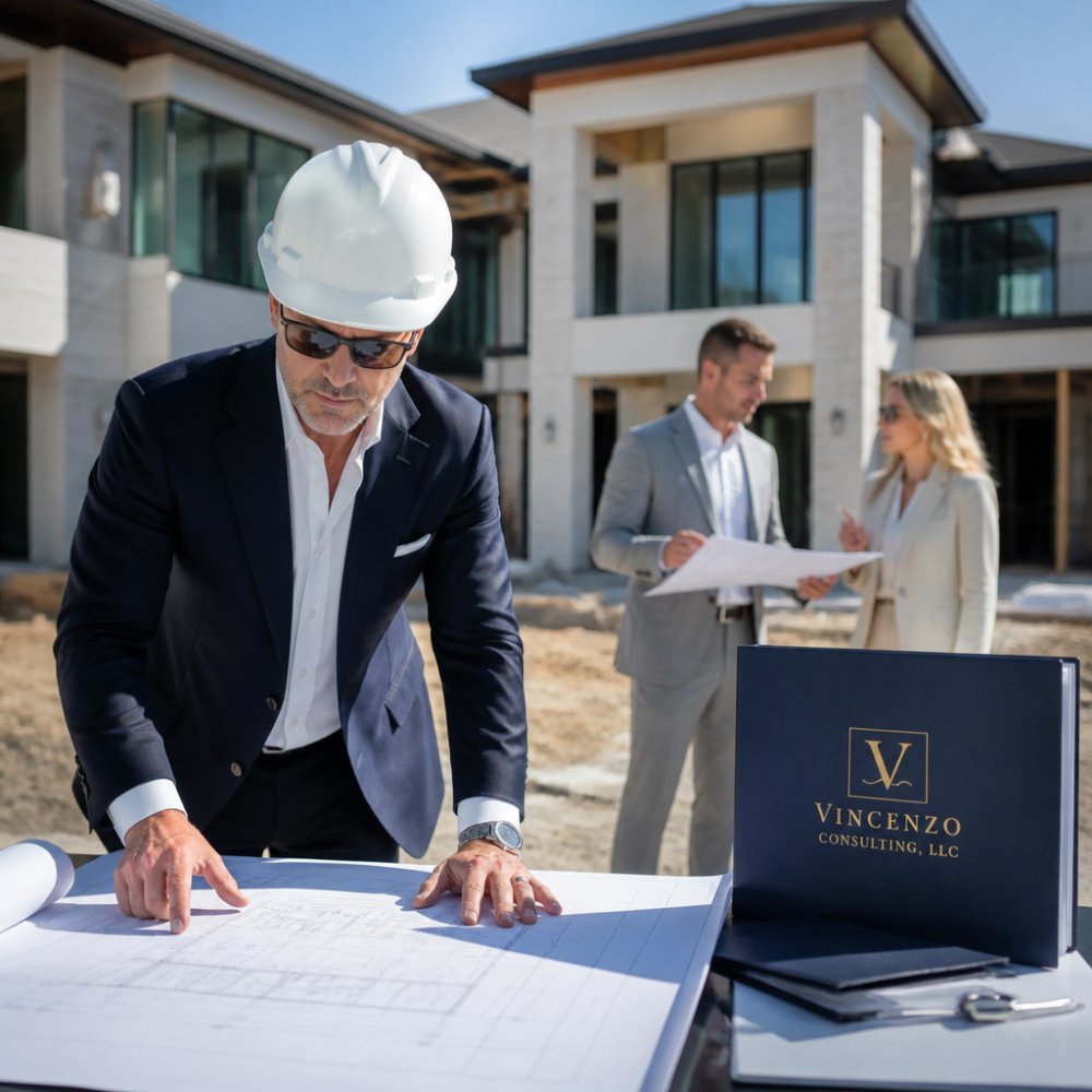 A professional consultant wearing a hard hat reviewing blueprints on a luxury home construction site, with an architect and client discussing details in the background under bright daylight
