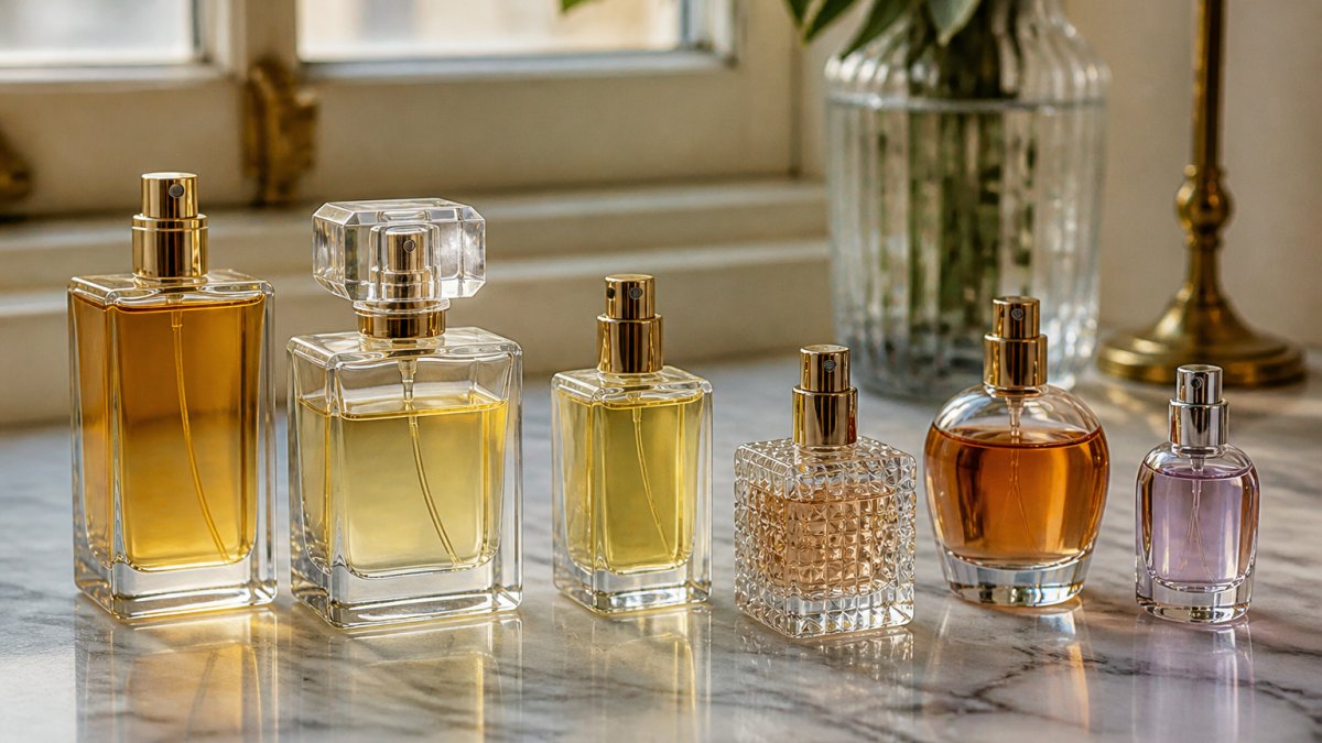 Close-up of luxury perfume bottles displayed on marble surface with natural window lighting, showing various sizes and concentration levels