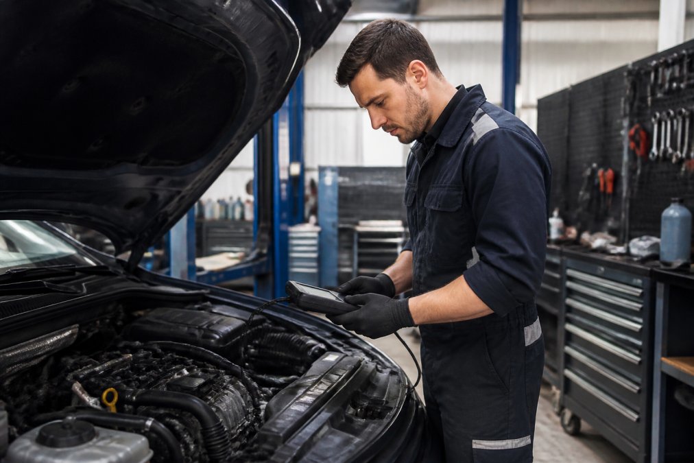 Professional mechanic in dark uniform conducting vehicle diagnostic check using modern computerised diagnostic equipment in bright, well-organised workshop with tools visible on walls