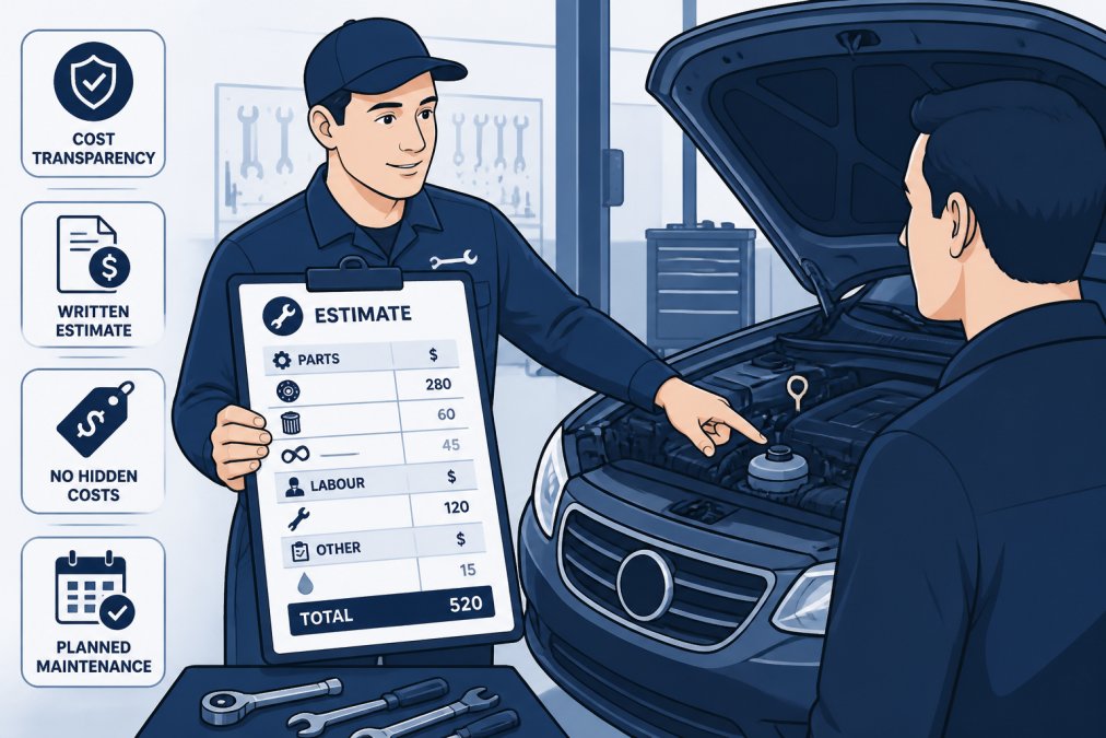Mechanic in professional workshop showing customer a detailed written repair estimate document while pointing to specific vehicle component under inspection, with natural workshop lighting and tools visible in background