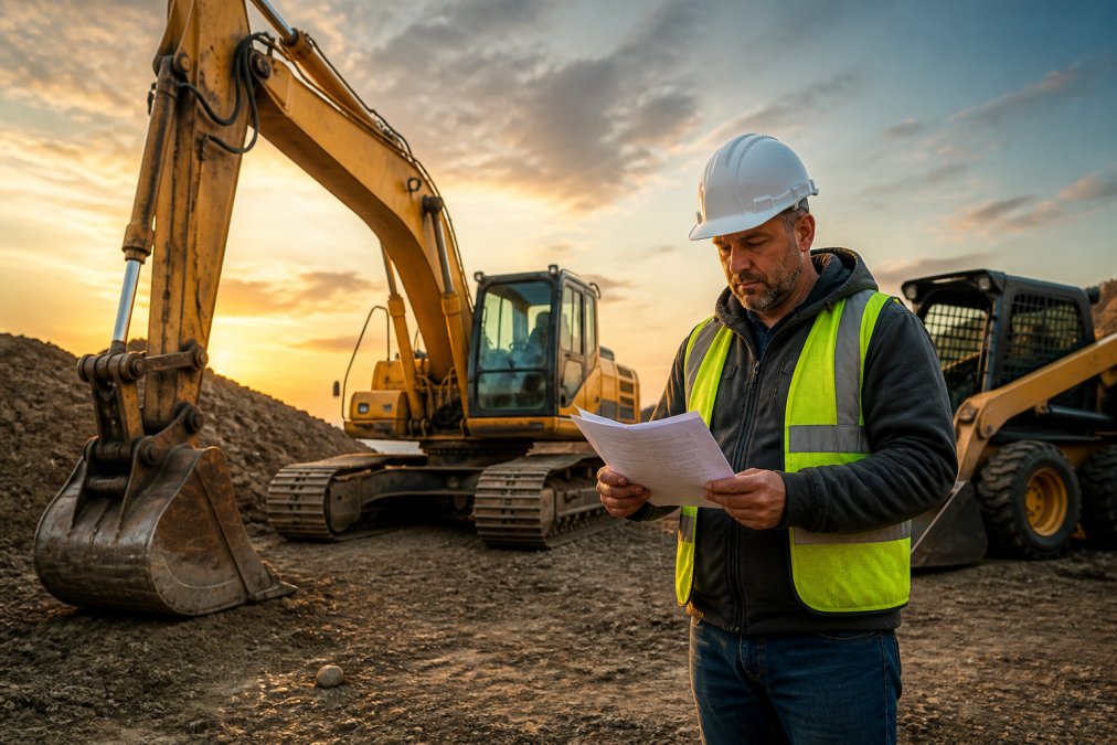 Construction foreman reviewing paperwork near heavy machinery for guaranteed equipment financing at golden hour.