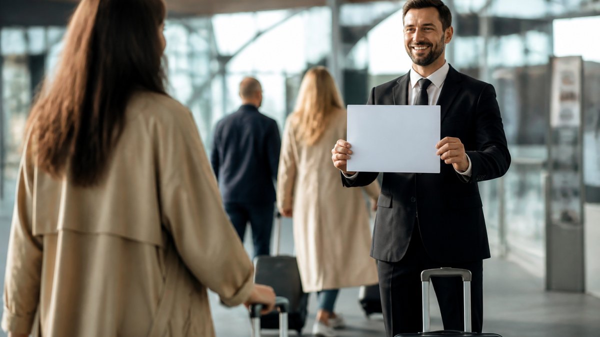 A professional chauffeur in a dark suit holding a name sign in an airport arrivals hall, smiling as an arriving passenger with luggage approaches