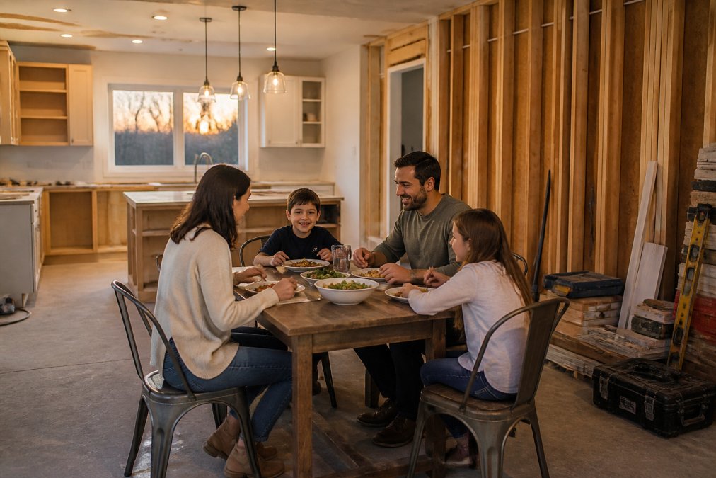 Family eating dinner in a kitchen under renovation with a guaranteed project budget in mind.