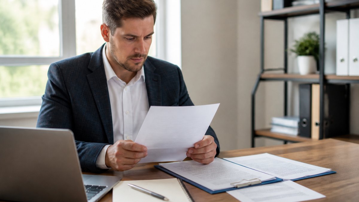 Professional landlord reviewing property documents and lease agreements at a modern desk with laptop, notepad, and contract papers under natural office lighting